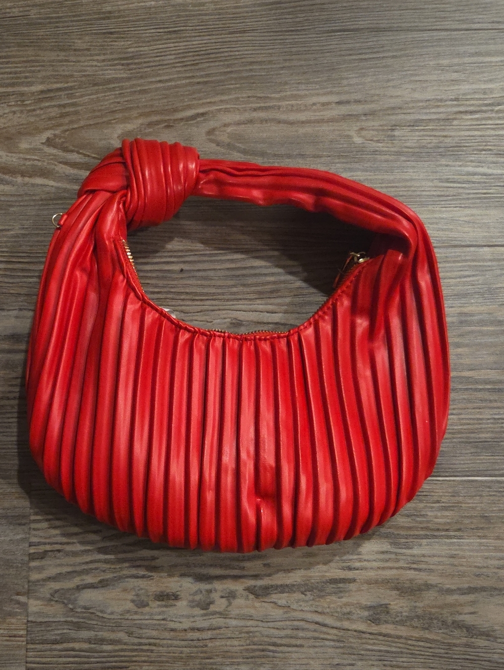 Red Knotted Pleat Shoulder Bag With Gold Strap